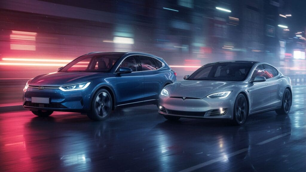 wo electric cars driving down a city street at night