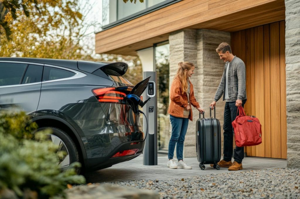 man and a woman standing outside of a house with luggage in an EV friendly place in the UK