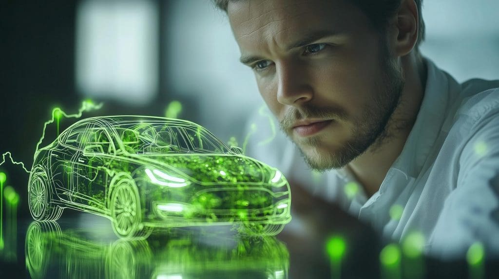 man looking at a model of a car, ev vs hybrid uk