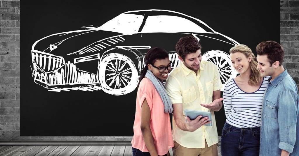group of people standing in front of a drawing of a car, living with an ev uk