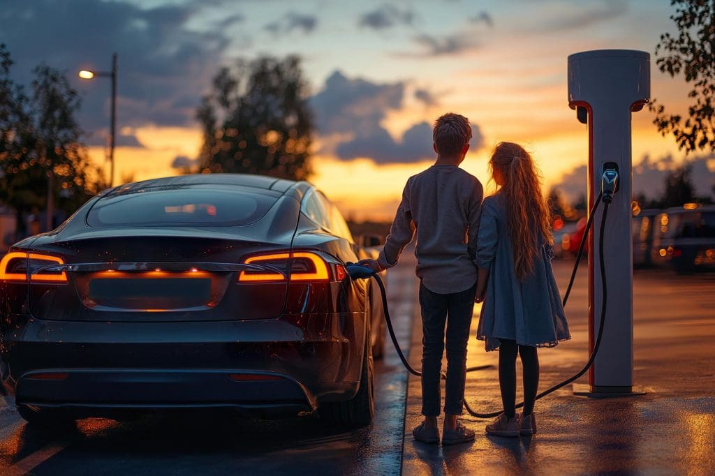 couple of people standing next to an electric car, reflecting on what it’s like to own an electric car