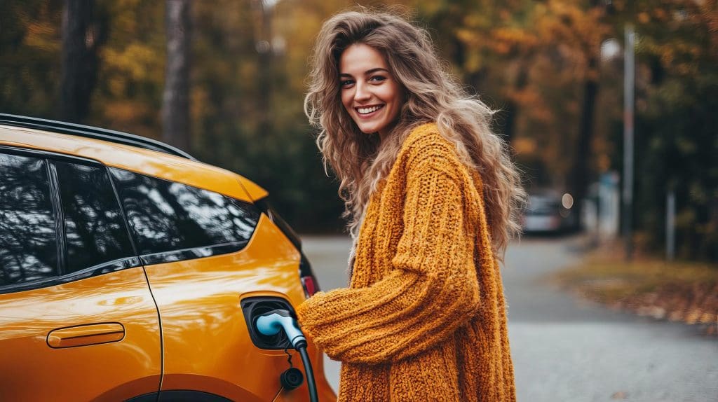 woman standing next to a yellow car, reflecting on UK EV trends 2025