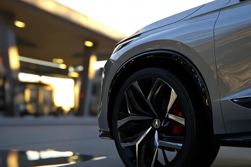 close up of a silver car with EV Tyres parked in front of a building