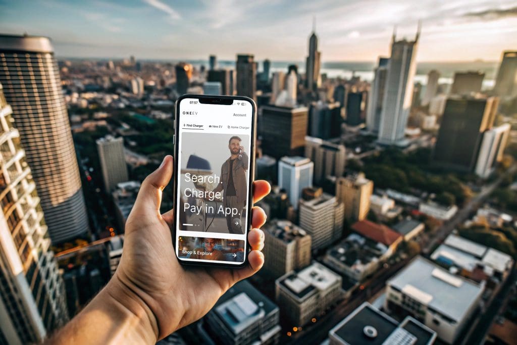 person holding a cell phone in front of a cityscape, showcasing the best ev apps uk 2025