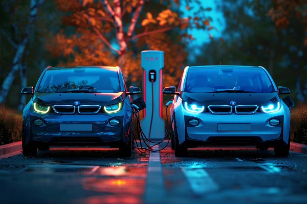 wo electric cars plugged into a charging station, highlighting the differences in hybrid vs electric vs PHEV UK