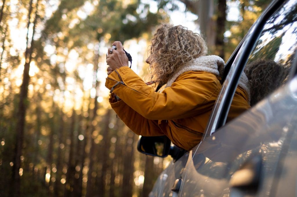 Driver taking a photograph from an electric car during an autumn or winter journey