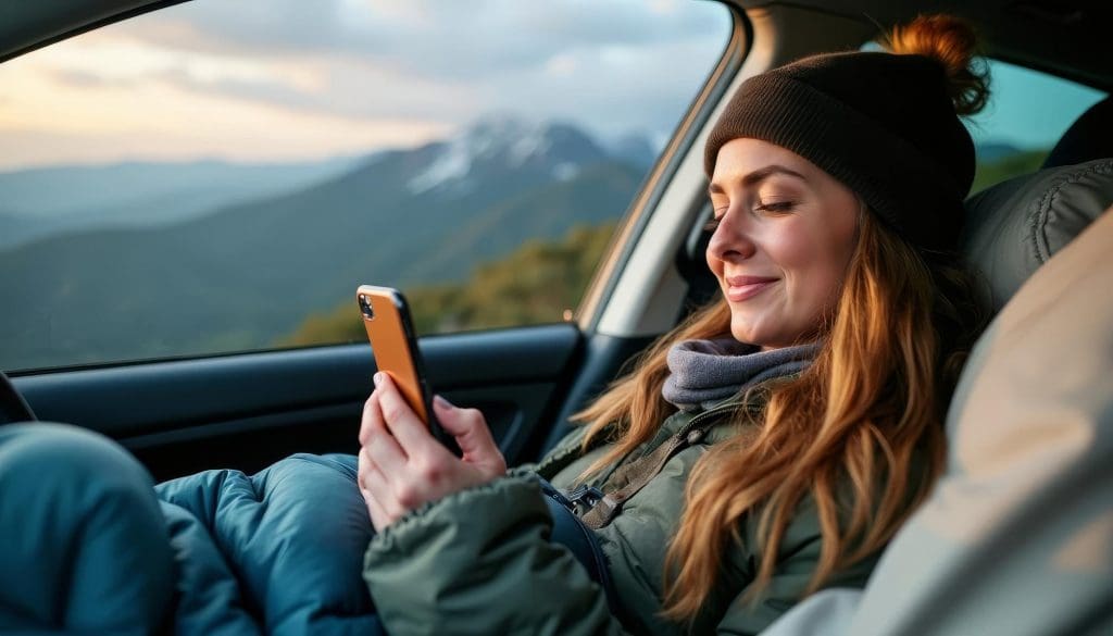 woman sitting in an EV roaming UK car looking at her cell phone