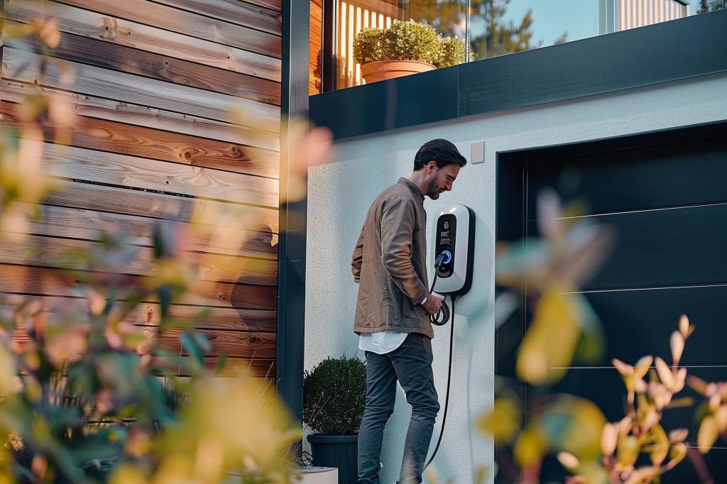 man is using an electric car charger