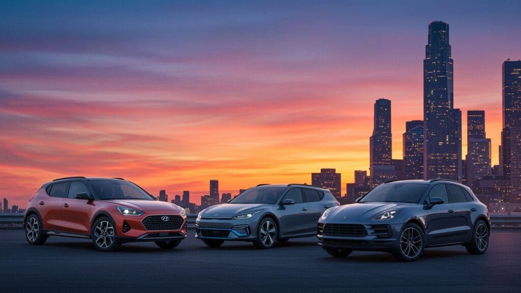 group of three SUVs parked in front of a city skyline