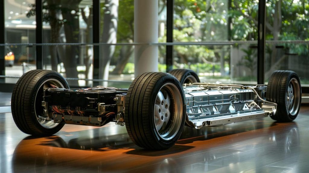 model of a racing car on display in a building