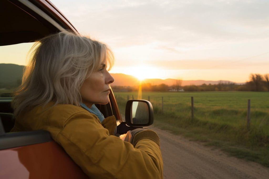 woman driving an electric vehicle down a rural dirt road in Ireland, highlighting the theme of EV range anxiety
