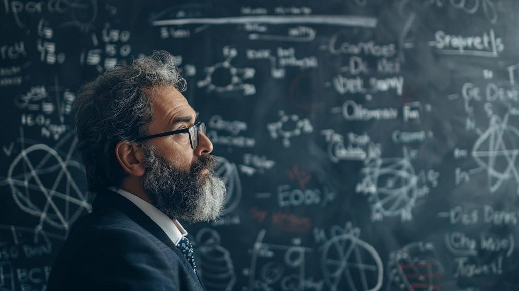 man standing in front of a blackboard with lots of writing on it related to rapid vs ultra-rapid EV charging in the UK