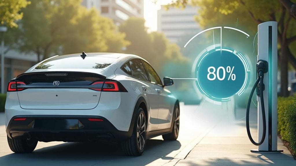 white electric car at an electric charging station, showcasing EV battery charging best practices