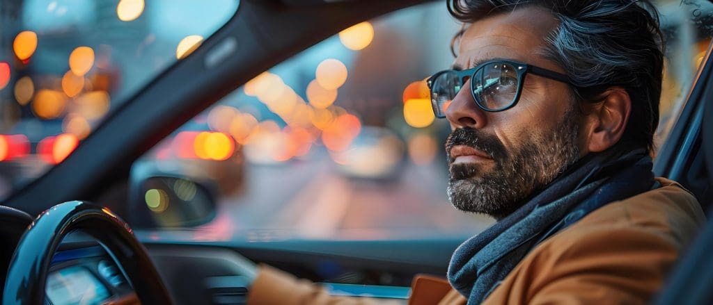 man driving a car on a city street with an EV commuting app