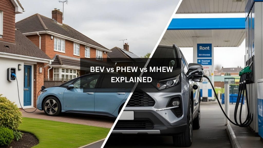 wo pictures of electric vehicles at a gas station, showcasing the future of bev, phev, and mhev technology in the UK by 2025