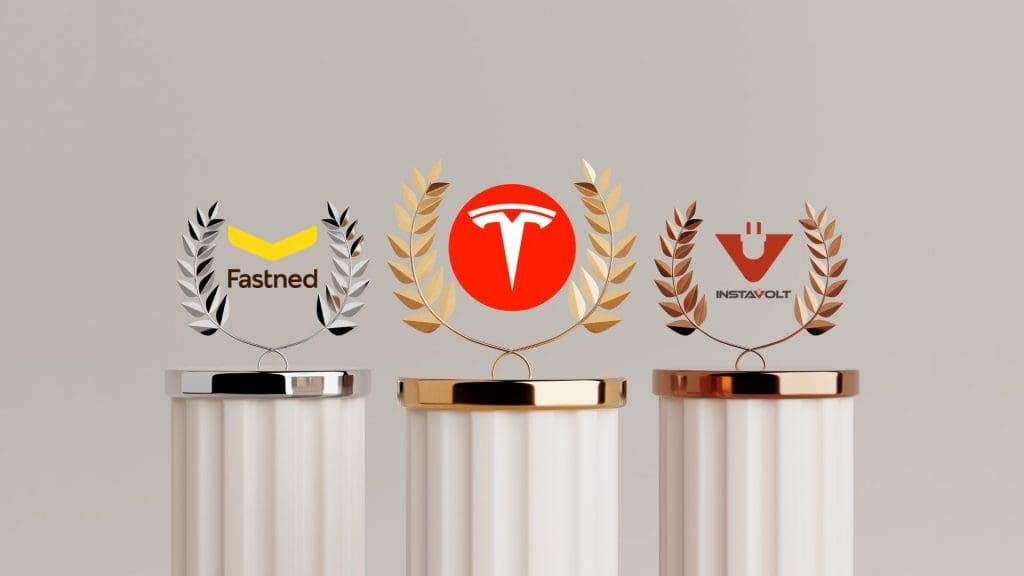 group of three trophies sitting on top of each other, uk ev charging networks