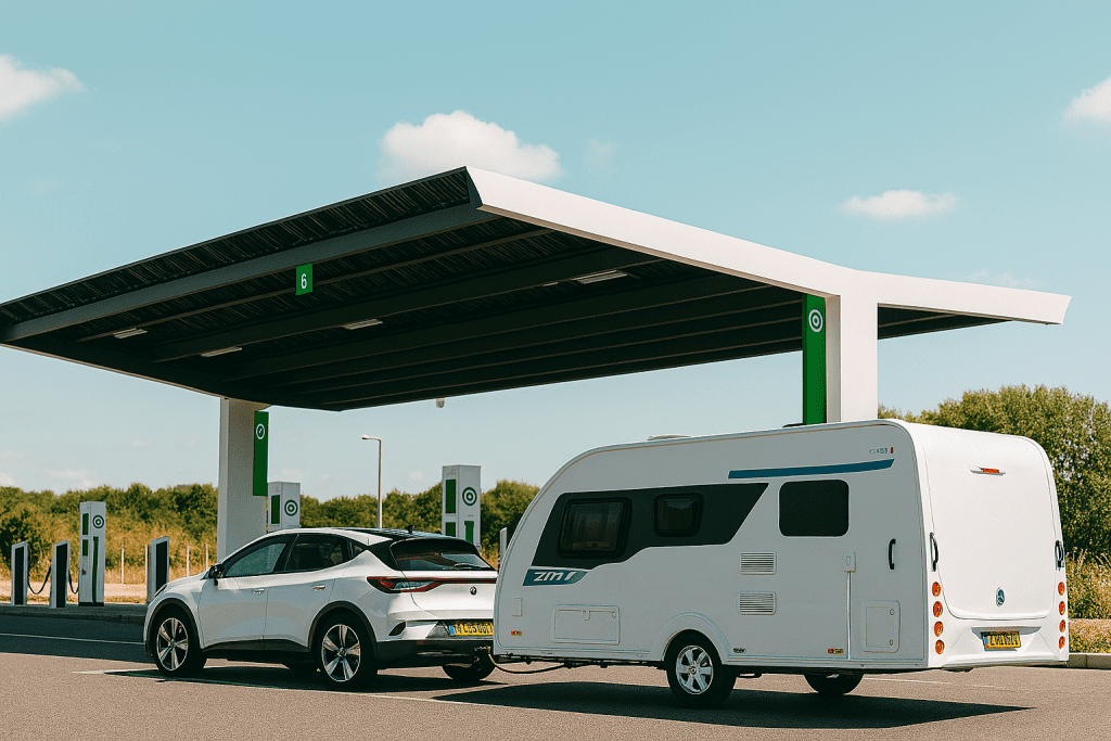 white car is parked in front of a gas station, ev charging with trailer