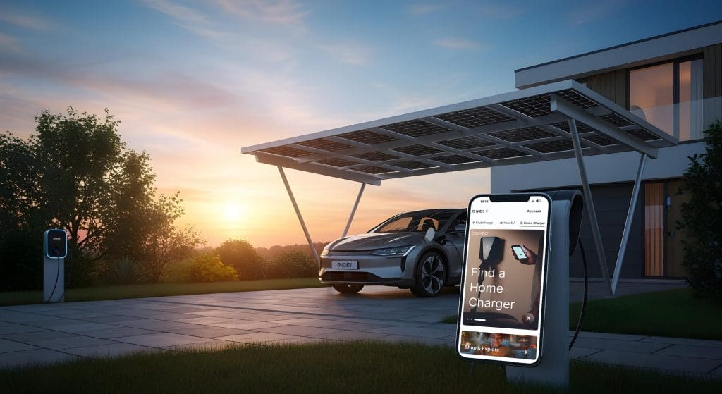 car parked in front of a house with a solar panel on the roof, highlighting the environmental impact of renewable energy sources like solar power and electric vehicle (EV) battery usage in the UK