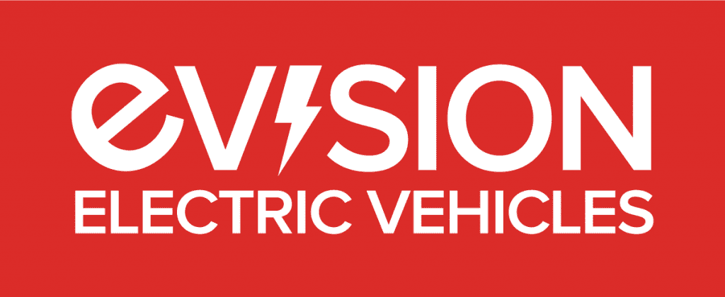 red sign that says evision electric vehicles, featuring a reference to bmw i3 hire uk