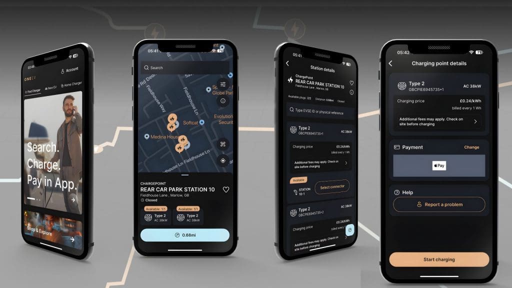 series of cell phones with different screens, showcasing how to charge your EV in 4 easy steps with the ONEEV app