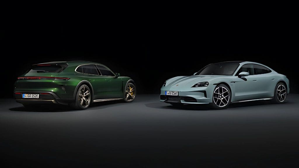ree different colored cars in a dark room, showcasing some of the best electric cars 2025