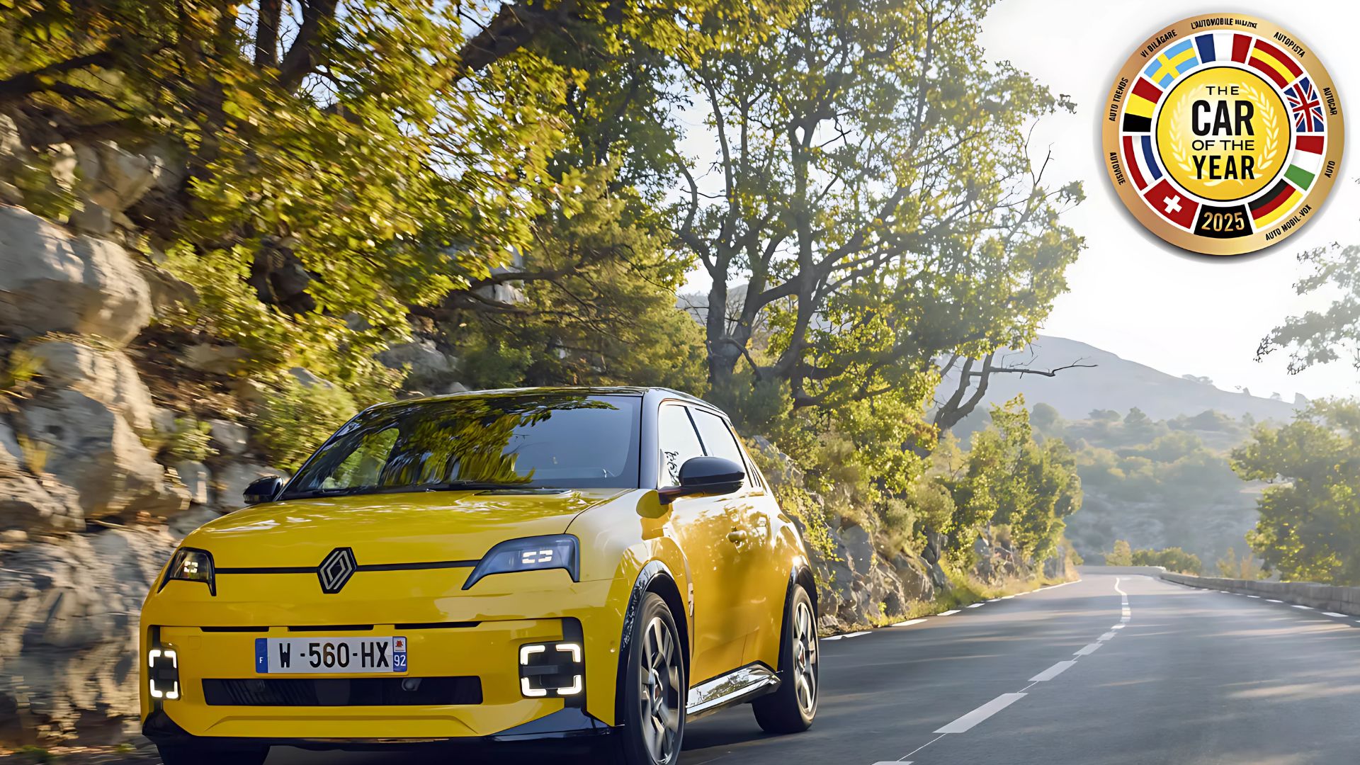 yellow car is driving down the road, showcasing one of the best electric cars of 2025