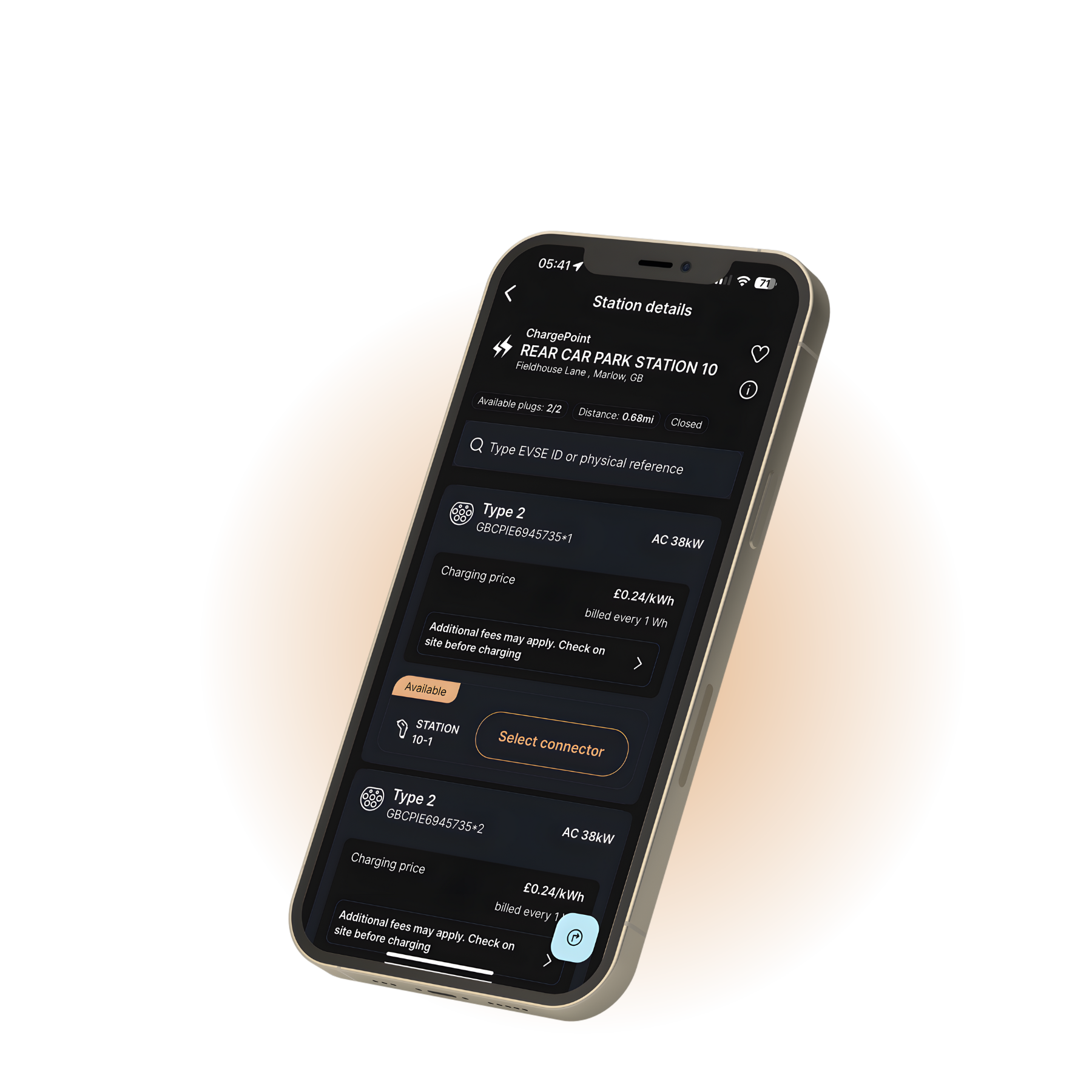 ONEEV app station details—select connector and connect