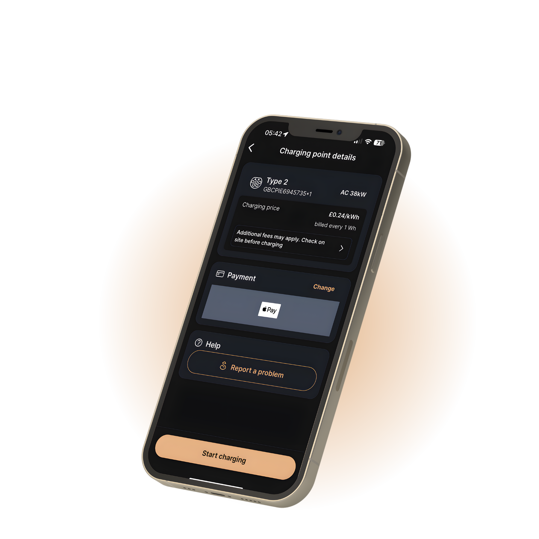 ONEEV app payment screen with secure checkout