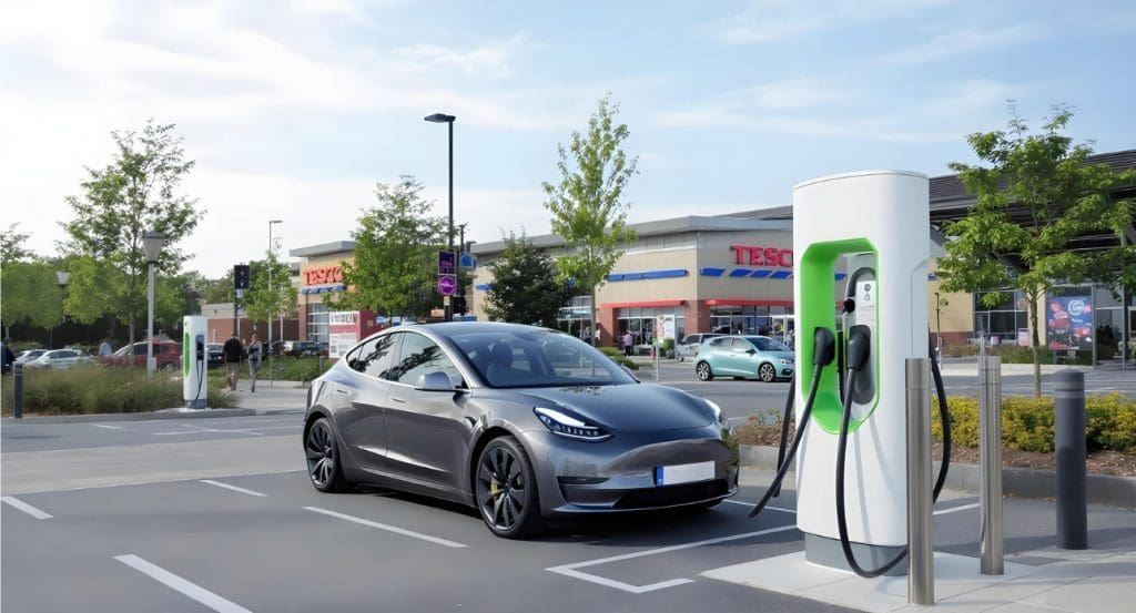 electric car plugged into an electric vehicle charging station in the UK