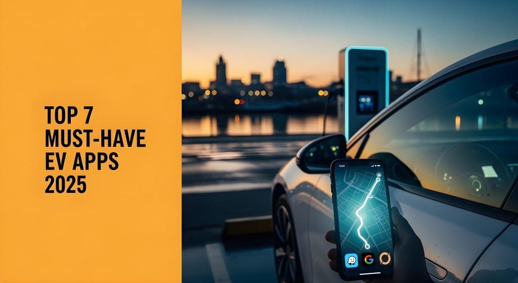 car is shown with the text top 7 must-have ev apps in 2012, featuring ev apps uk ireland 2025