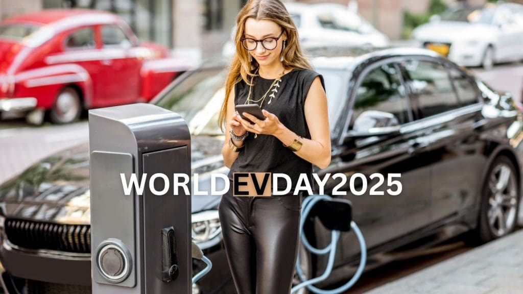 woman standing next to a black car using a cell phone on World EV Day 2025 UK