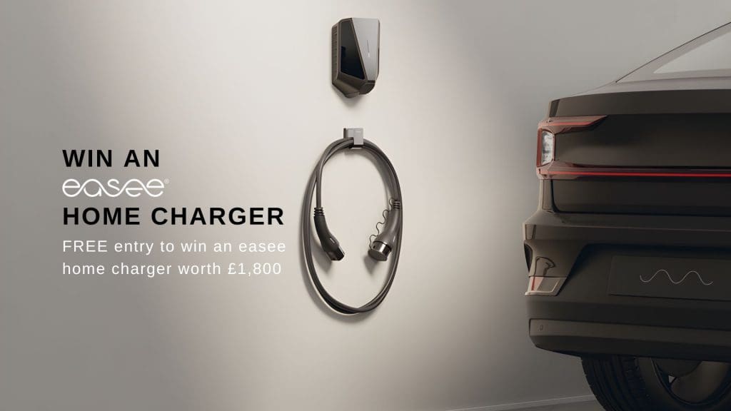 advertisement for a new electric car is shown featuring the Easee Home Charger Competition Farnborough