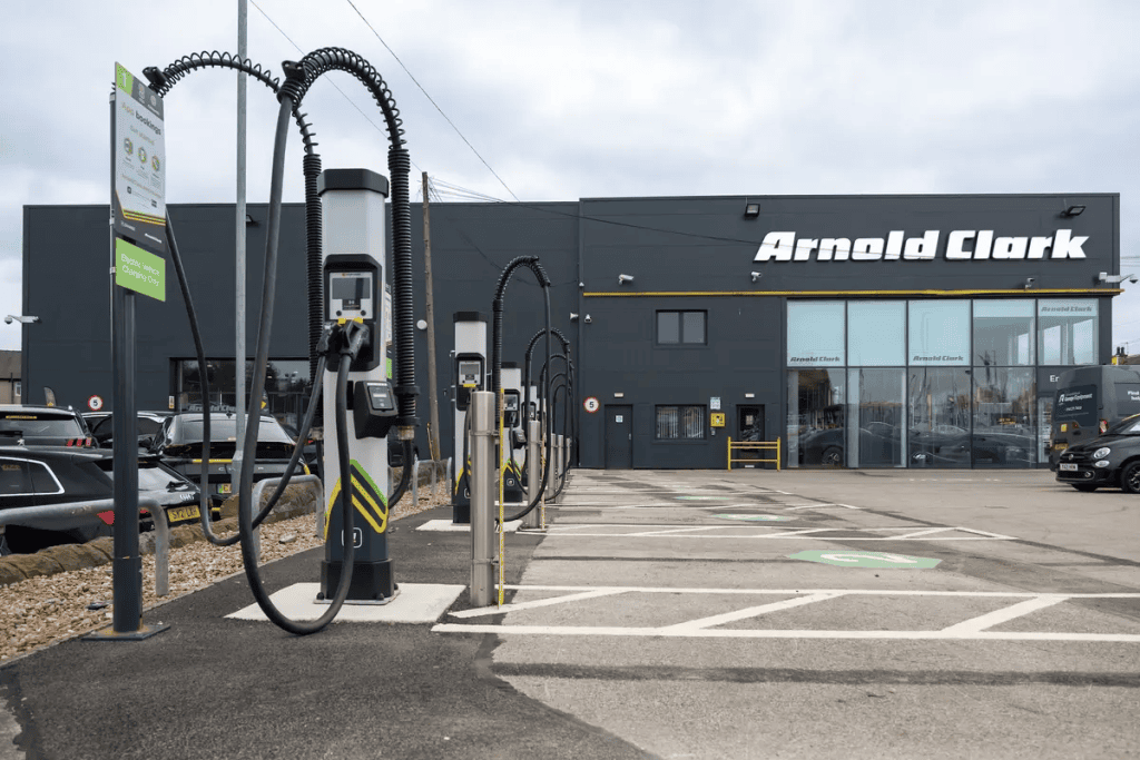 Ultra-rapid EV chargers outside Arnold Clark Huddersfield Motorstore on Leeds Road