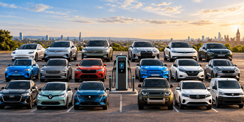 Electric cars gathered around a public charging point representing regional pressure on the UK EV charging network