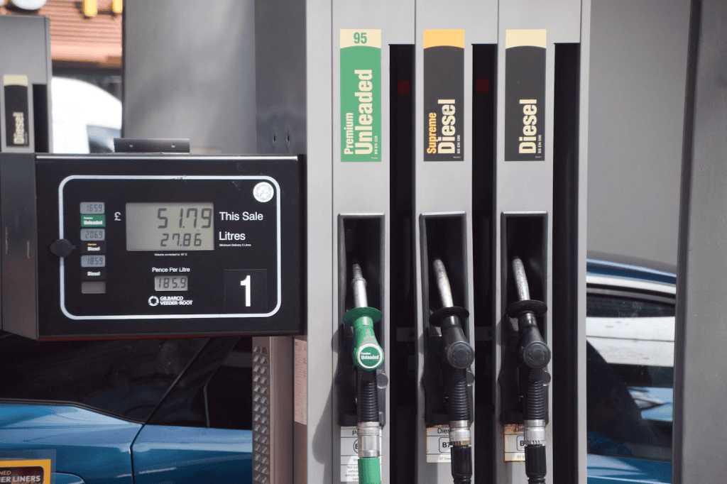 Petrol and diesel pump showing high UK fuel prices