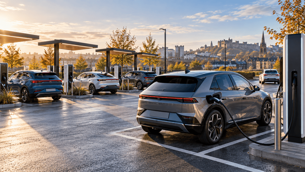 Electric cars charging at a busy UK rapid-charging hub