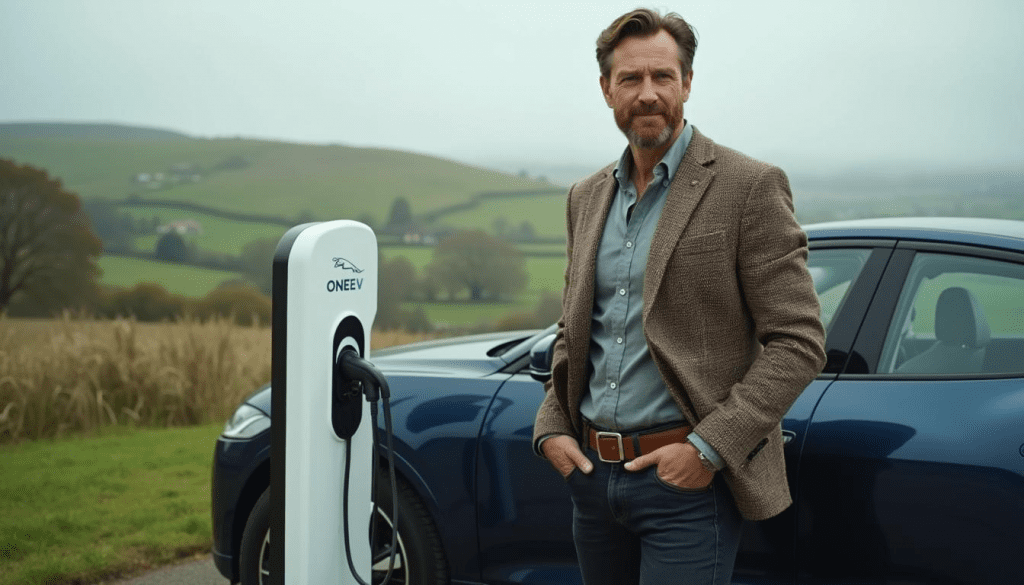 man standing next to a blue car, showcasing the best EV charging app UK