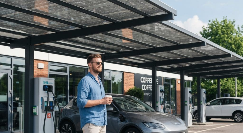 man standing next to an electric vehicle at a charging station, enjoying a coffee stop in the UK