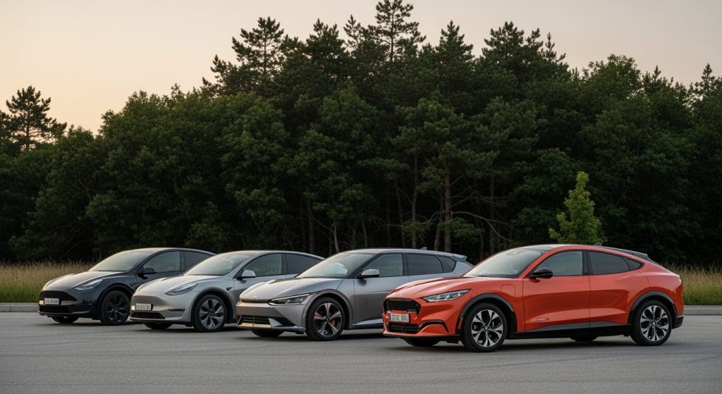 row of cars parked in a parking lot including models like Tesla Model Y, Kia EV6, Ioniq 5, and Mustang Mach-E