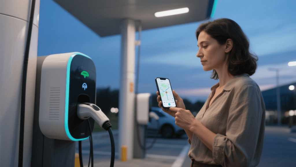 woman using a cell phone at a gas station, common EV mistakes to avoid
