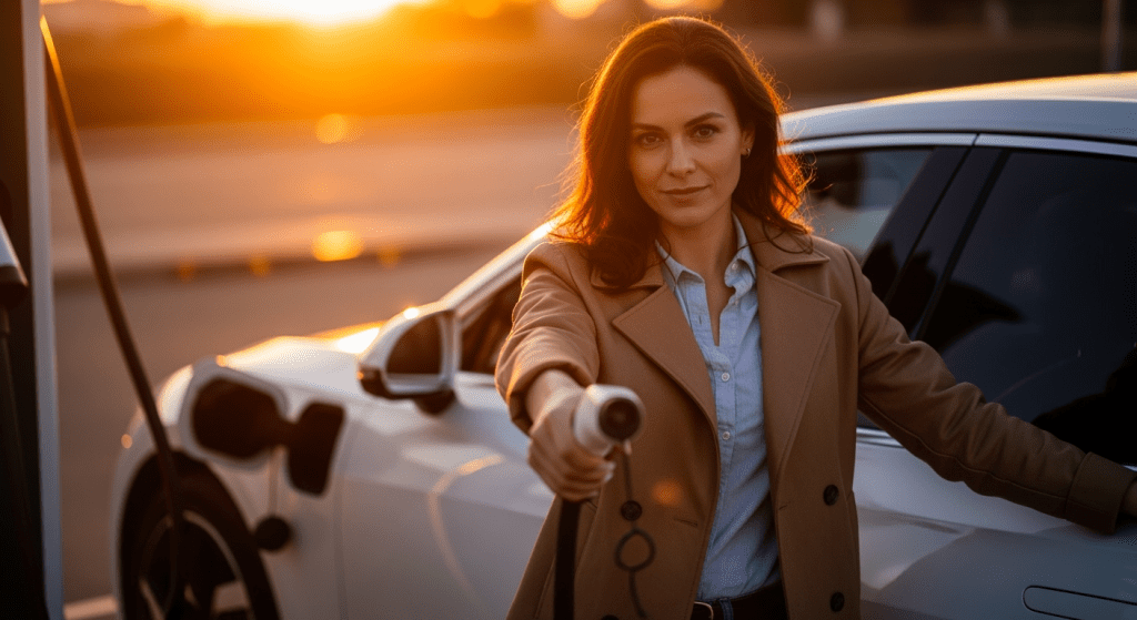 woman is pumping gas into her car, showcasing the contrast with EV readiness