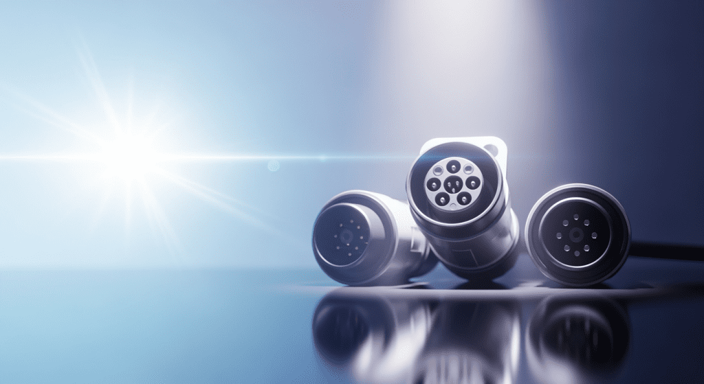 close up of four different types of electrical devices including EV charging connector types