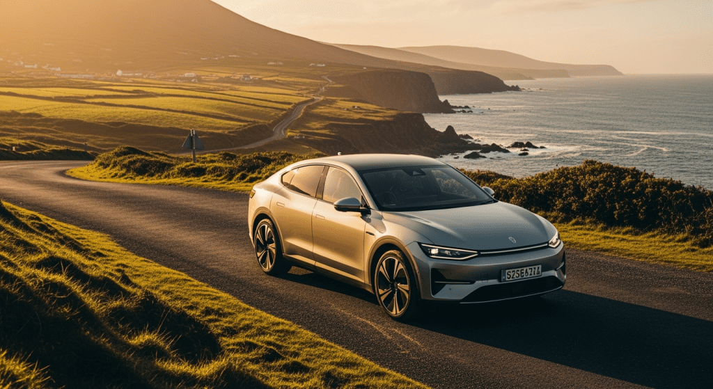 car driving down a road next to the ocean