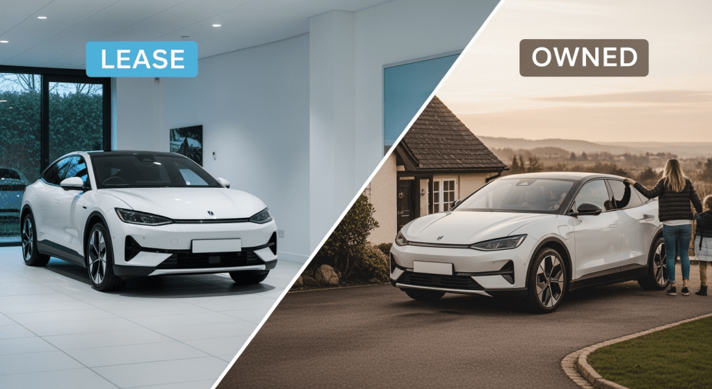 couple of cars parked in front of a house, highlighting the lease vs own EV 2025 options
