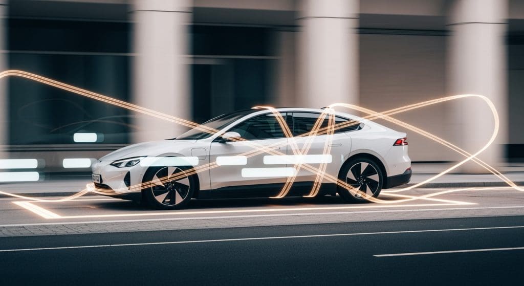 white car driving down a street next to tall buildings, illustrating the concept of EV subscriptions vs pay-as-you-go