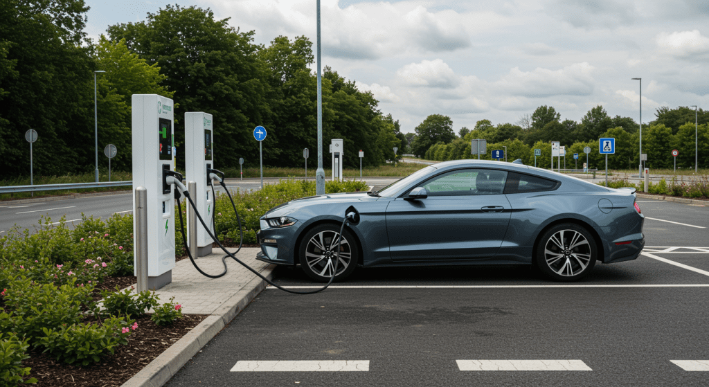 blue car is parked at a gas station with fast EV chargers near me