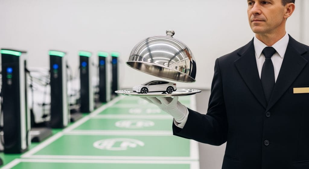 man in a suit holding a tray of food, demonstrating proper EV charging etiquette