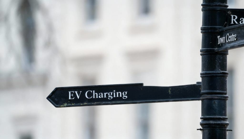 street sign on a pole in front of a building, indicating EV charging in UK cities