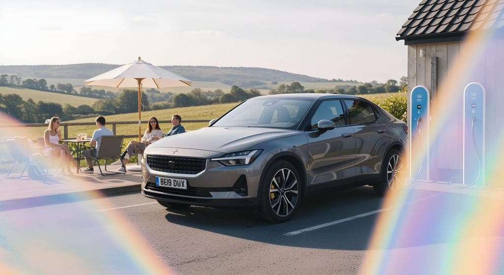 car parked in a parking lot with a rainbow in the background, perfect for an EV weekend trip guide in the UK