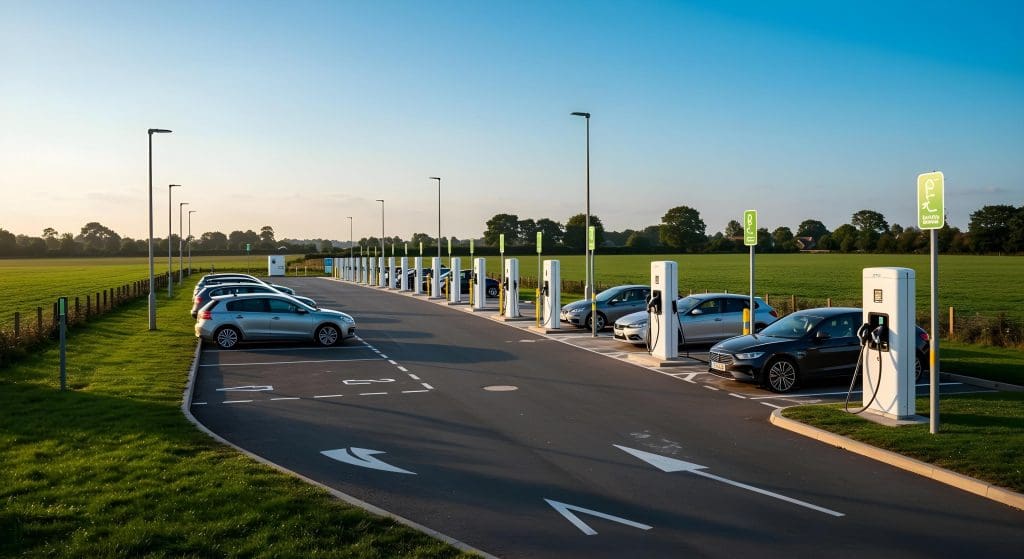 row of cars parked at a gas station with rapid EV charging near me